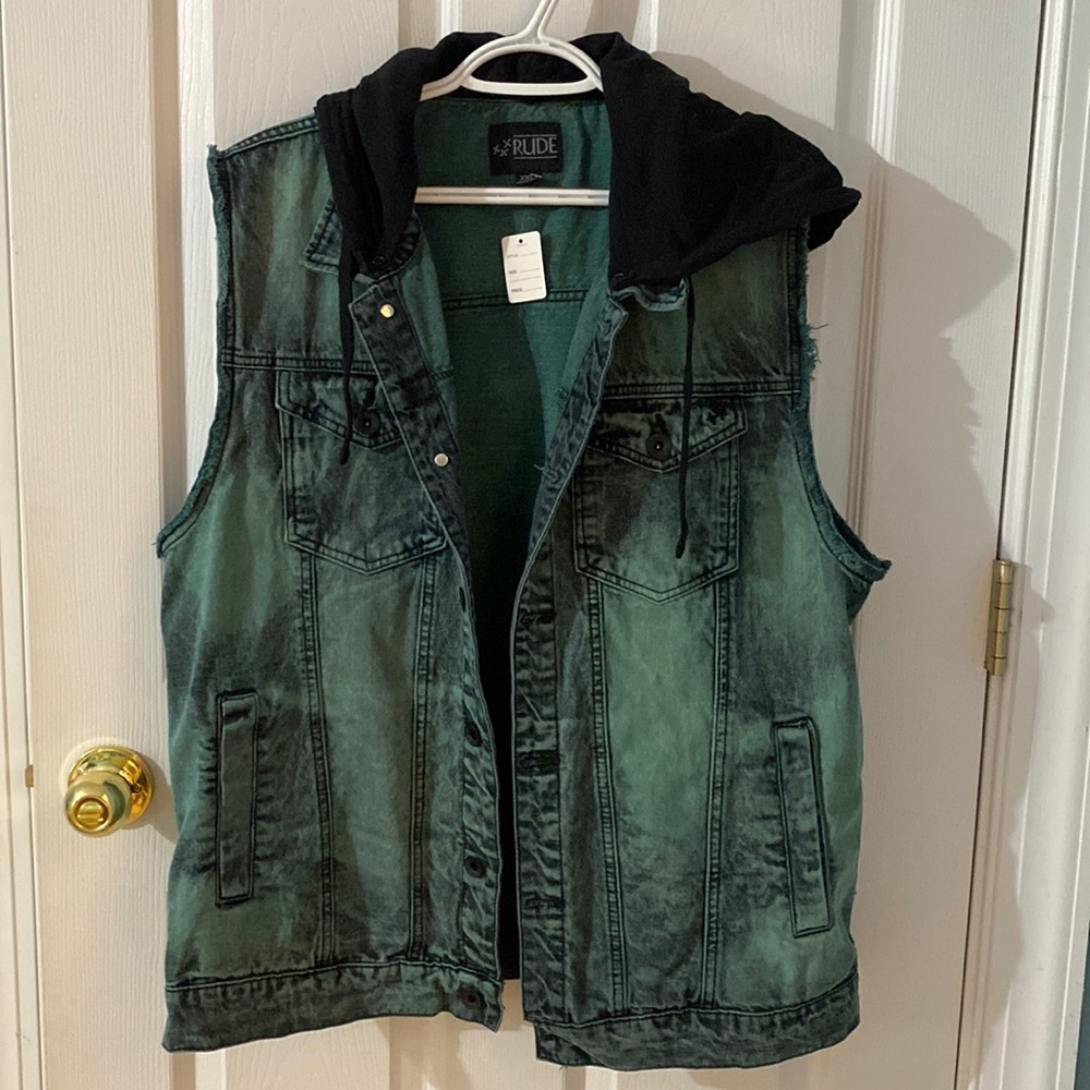 COPY - Green vest with removable black hoodie. Mens jean vest. Size XXL.